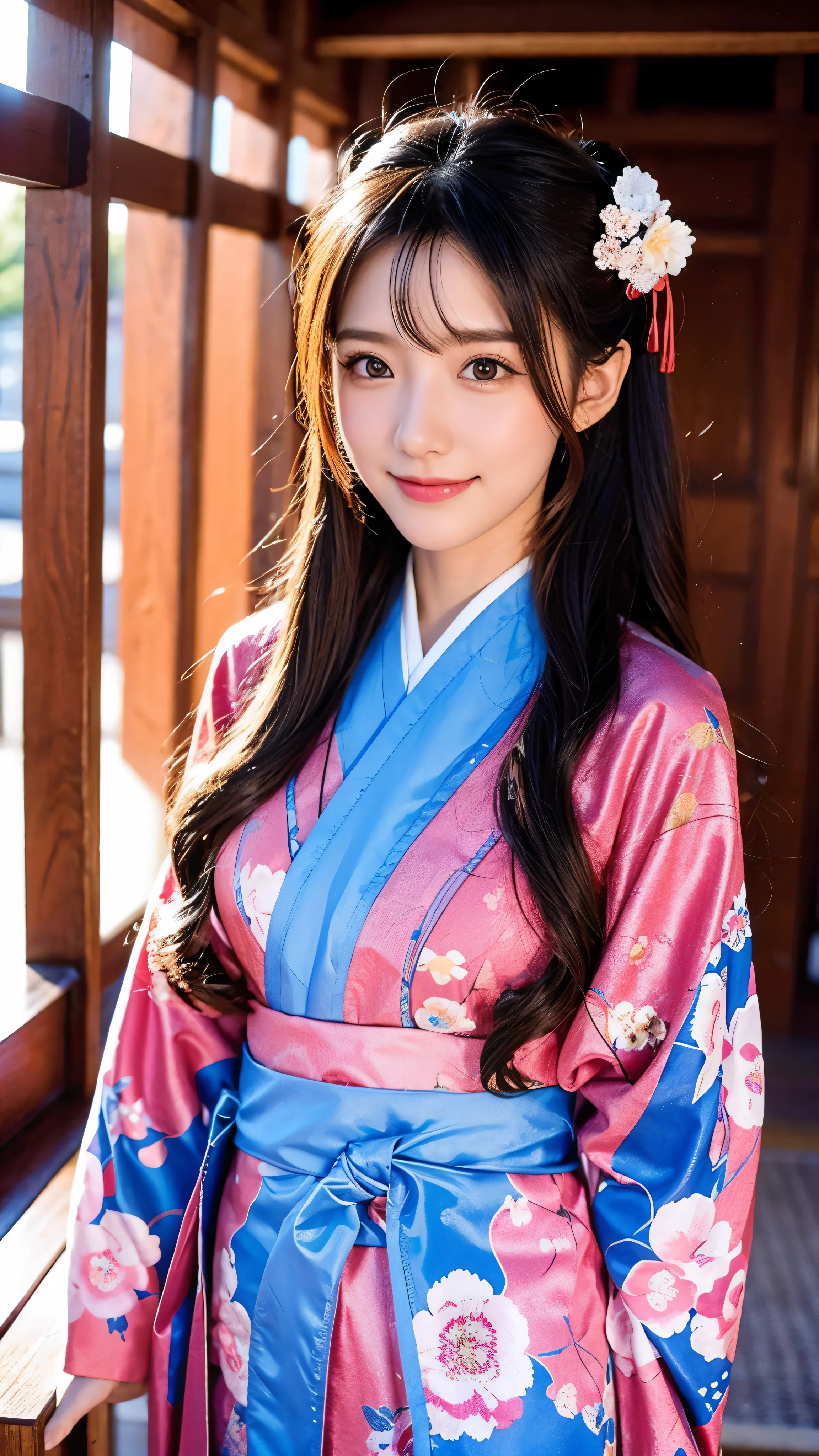  Girl Wearing a Shrine Floral Kimono, Swollen eyes, smile,  face details、Beautiful Shrine Maiden, (Chestnut Hair),  super long hair,  hair accessories, Prayer to the Shrine , Pink Floral Kimono ,  Blue Ornaments ,  Open Chest Costume, Full body high definition image, throw,  Under Bright Sunlight 。,