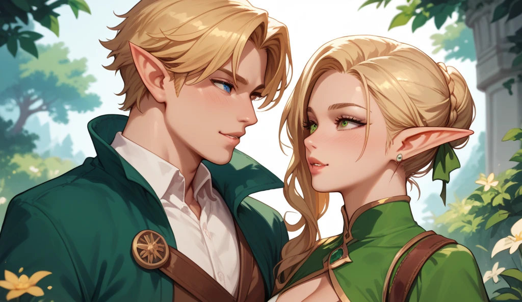 masterpiece, high quality, illustration, extremely detailed, cg unity 8k, 1_women, (upper body), (Caucasian skin_complexion:1.4), long elf ears, mature, statuesque, tall, beautiful, exotic, facing_away, ((eyes_looking_away) from viewer), (arms crossed), medium breasts, amazed look, pleased expressed, nsfw, chest window, ((cleavage)), and halter dress, green ((diaphanous sparkling dress)) with gold trim, green knee_high boots, green thigh highs, ((white embroidery elbow gloves)), long blonde hair, realistic and detailed face having (green eyes), ((dark_eyeliner)), long_eyelashes), ballroom, crowds of elves,
