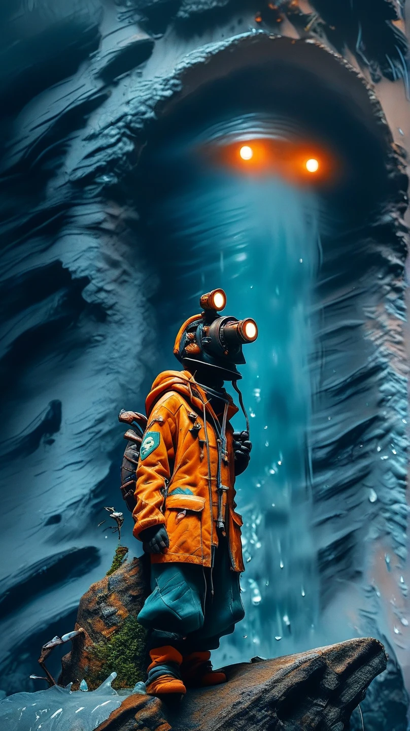 A brave adventurer, a woman with long brown hair, climbs a snowy cliff. She is dressed in a warm orange jacket with a fur-lined hood, gray pants, sturdy boots, and a backpack. In her gloved hand, she holds a glowing battle axe that emits a fiery light, illuminating her path. Behind her in the misty and icy terrain, a mysterious glowing blue portal is visible within a rocky archway, adding an otherworldly element to the frozen landscape. The atmosphere is cold, adventurous, and full of mystery.