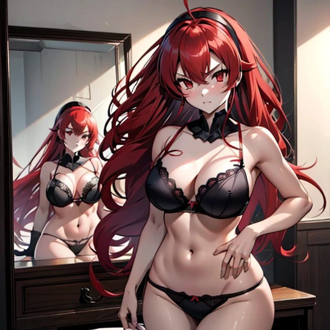 Illustration, Rias Gremory, High School DxD, anime girl, red hair, long hair, seductive expression, revealing black lingerie, stockings, high heels, large breasts (34C), curvy figure, toned legs, smooth skin, shapely thighs (22 inches), slender ankles (7 inches), delicate feet (size 7), intricate details, dynamic pose, dramatic lighting, warm colors, soft focus, 4k, high resolution, ultra high resolution, intricate detail, detailed texture, erotic atmosphere, suggestive pose, solo character, single figure, no duplicate, no extra limbs, no mutated hands, no dehydrated skin