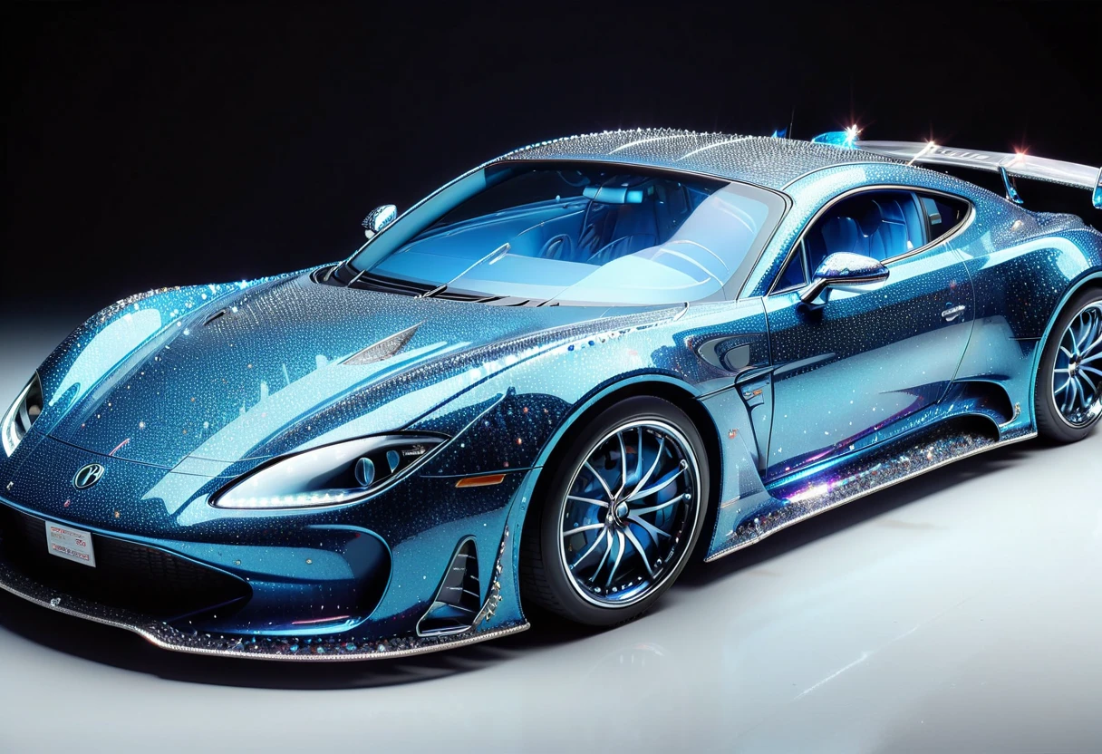  dark blue sports car with countless blue diamonds"GR86"Make, Diamond WM , 最 High Quality , (masterpiece:1.2),  High Quality ,  high definition, ( more details),  luminous particles ,  Complicated Details, interior based on black  , Rally Wing  , Windshield with blue gradation,(( Glitter Effects ))