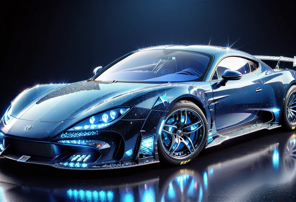  dark blue sports car with countless blue diamonds"GR86"Make, Diamond WM , 最 High Quality , (masterpiece:1.2),  High Quality ,  high definition, ( more details),  luminous particles ,  Complicated Details, interior based on black  , Rally Wing  , Windshield with blue gradation,(( Glitter Effects ))