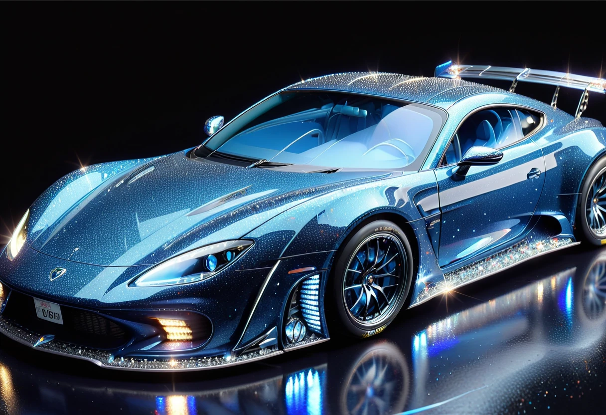  dark blue sports car with countless blue diamonds"GR86"Make, Diamond WM , 最 High Quality , (masterpiece:1.2),  High Quality ,  high definition, ( more details),  luminous particles ,  Complicated Details, interior based on black  , Rally Wing  , Windshield with blue gradation,(( Glitter Effects ))