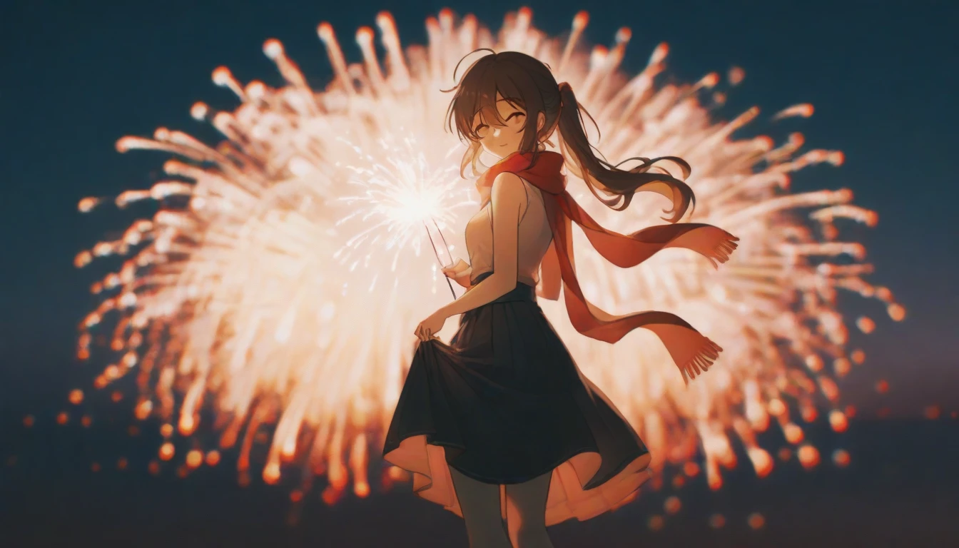 1 Girl,  unique ,  brown angled ponytail ,  with eyes closed , fireworks, skirt, Fireworks, night, holding fireworks, outdoor, sleeveless, , Vague, skirt hold, Brown hair, sleeveless skirt, Sky,  FOR THE AUDIENCE,  best quality,  masterpiece,  konya，scarf，Trench coat