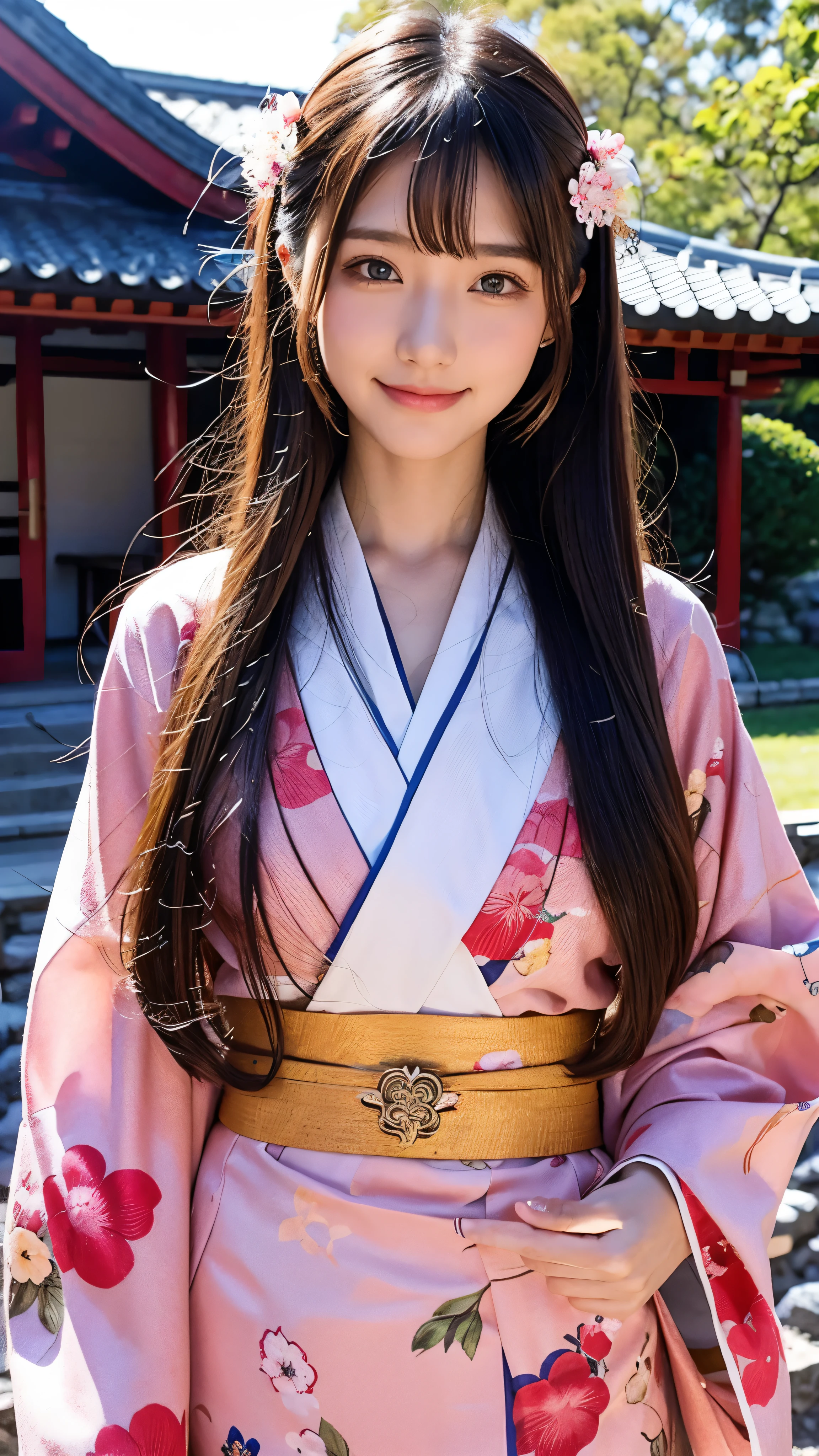  Girl Wearing a Shrine Floral Kimono, Swollen eyes, smile,  face details、Beautiful Shrine Maiden, (Chestnut Hair),  super long hair,  hair accessories, Prayer to the Shrine , Pink Floral Kimono ,  Blue Ornaments ,  Open Chest Costume, Full body high definition image, throw,  Under Bright Sunlight 。,