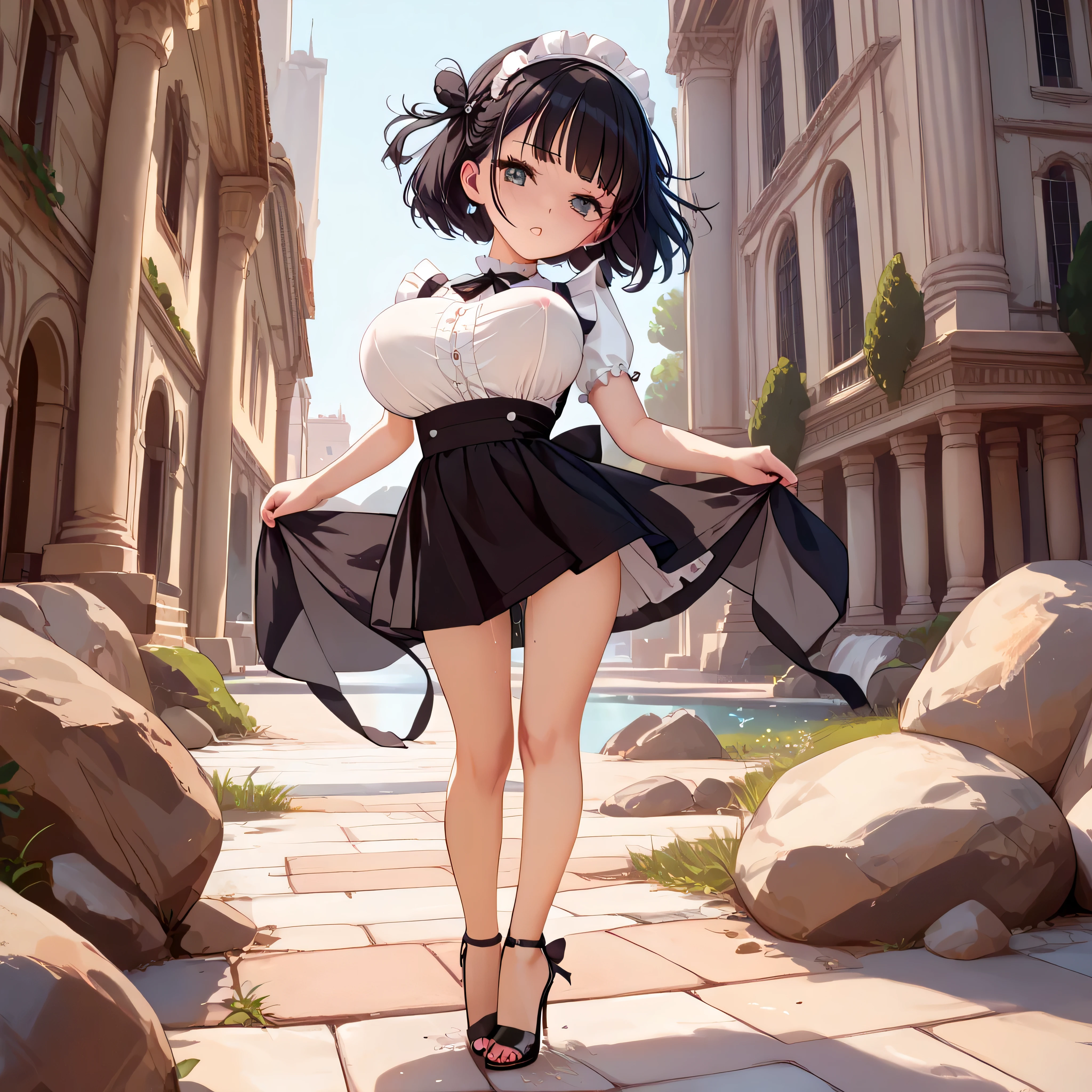 hall of royal palace, landscape, BREAK, beautiful detailed face, ultra high resolution, masterpiece, BREAK, (solo), skinny, (1 petite maid standing), tiptoe, curtsey, (both hands lifting short skirt up to both sides:1.2), arched back, (bouncing breasts), looking at viewer, BREAK, (large breasts), (too short torso:1.3), (too short waist:1.2), (too narrow waist:1.3), (skinny waist), (skinny legs), (long legs), BREAK, (short maid dress:1.3), (black too short skirt:1.5), stiletto heels, BREAK, nsfw, (show off white panty:1.2), pussy juice, orgasm