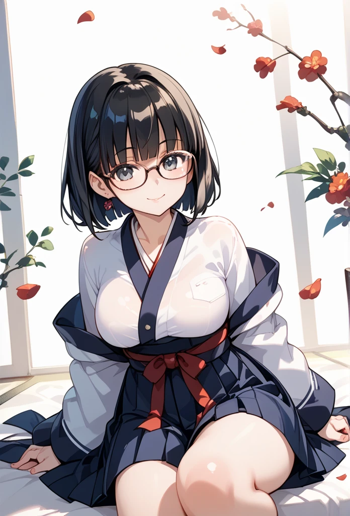 There is a woman sitting on the floor with her legs crossed..., Wearing glasses, Japanese Model, Wearing glasses on, Wearing square glasses, Young Sensual Gravure Idol, Yasumoto Oka, Genuine young gravure idol, Without glasses, Yoshitomo Nara, Aoi Ogata, Wearing glassesいる, Surreal,Provocative,((Beautiful Skin)),((Skin Texture)),((Real Touch)), healthy, unreddish skin, Cute freckles on the cheeks,Mole under left eye,