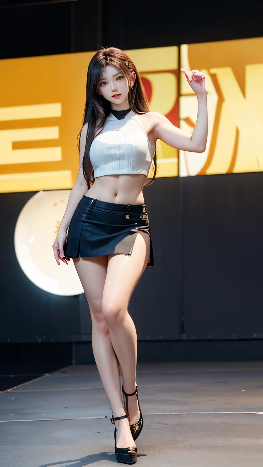 sexy,((55 year old mature woman 1.4)),Full body photo of a 55 year old Japanese married mature woman, ((Sweaty 1.5)),((Glowing Skin 1.5)),(Plump),((White mini skirt and tight short top exposes stomach and navel)), (I have long hair。), ((Posing in front of the crowd on a concert stage)), ((Beautiful face with slits)),Daytime scenery, ((Curvaceous and glamorous body)), ((She looks straight into the camera with a sexy grin)), Soft Volume Light, Intricate details, (Art Station:1.2),Thighs