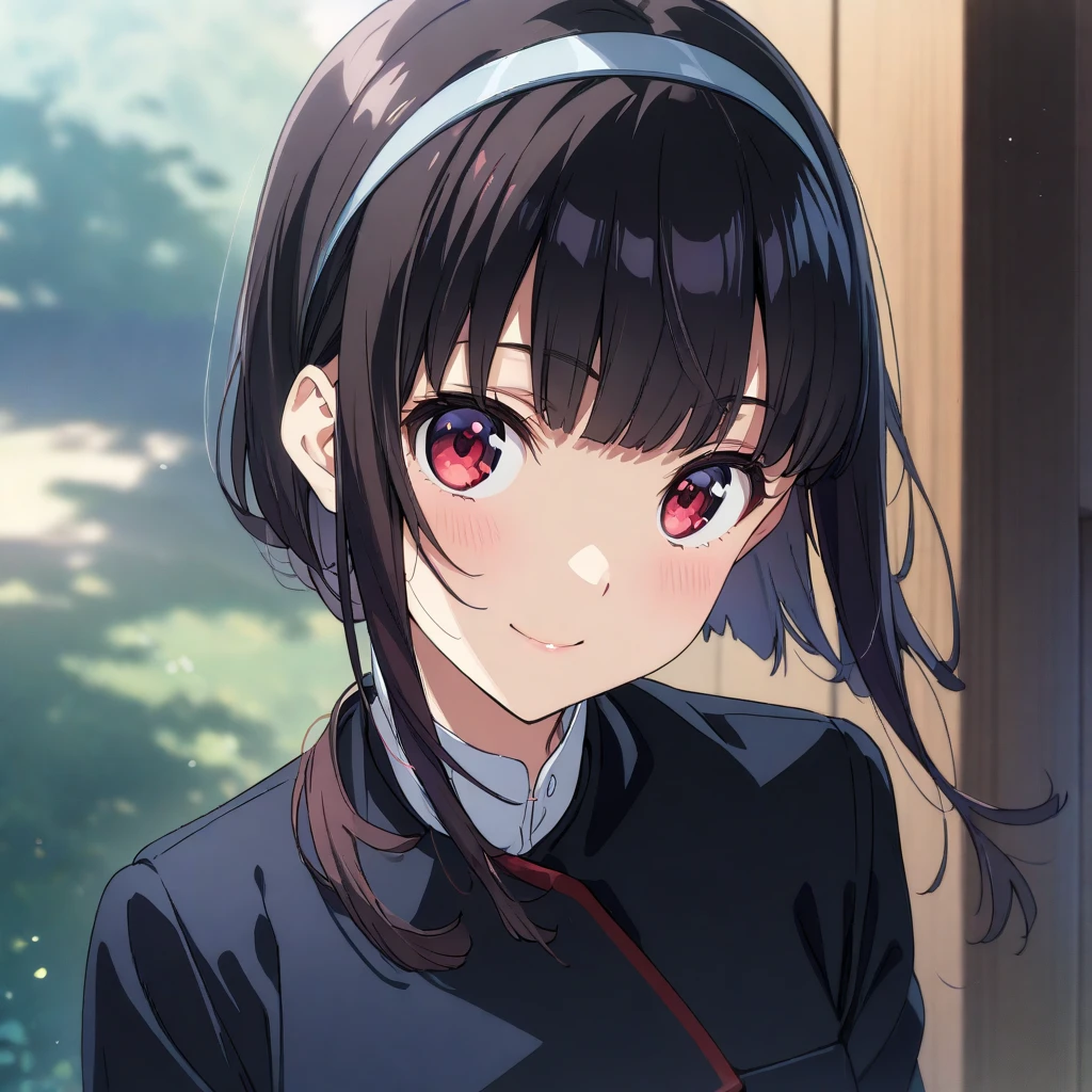  One Girl , Alone,  Kasumigaoka Uta,  black hair,  hair band ,  red eyes, Long-term, chest, smile,  Portrait,  very close up,  school uniform, Toyogasaki uniform ,  ANIME COLORING BOOK(Masterpiece),( top quality),( ultra detail),( Best Illustrations),( best shadow),(absurdres),( detailed background),(  So Aesthetic),