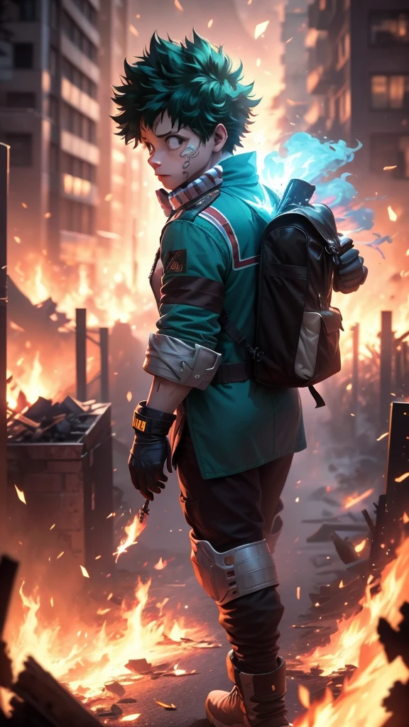 A hyper-realistic 3D live action scene of full-body Izuku Midoriya from "My Hero Academia" in his green hero costume, with detailed textures on his mask and gloves. He is walking through a battle-damaged urban area filled with fire, smoke, and debris, with flashes of his green One For All energy glowing around him.
