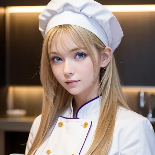  high definition, Masterpiece,  I confess to Elina,  Shokugeki no Soma,  blondes, Alone,  One Girl ,  cute,   detailed eyes ,  long hair,  purple eyes, Chef Outfit,  white jacket, White Bread