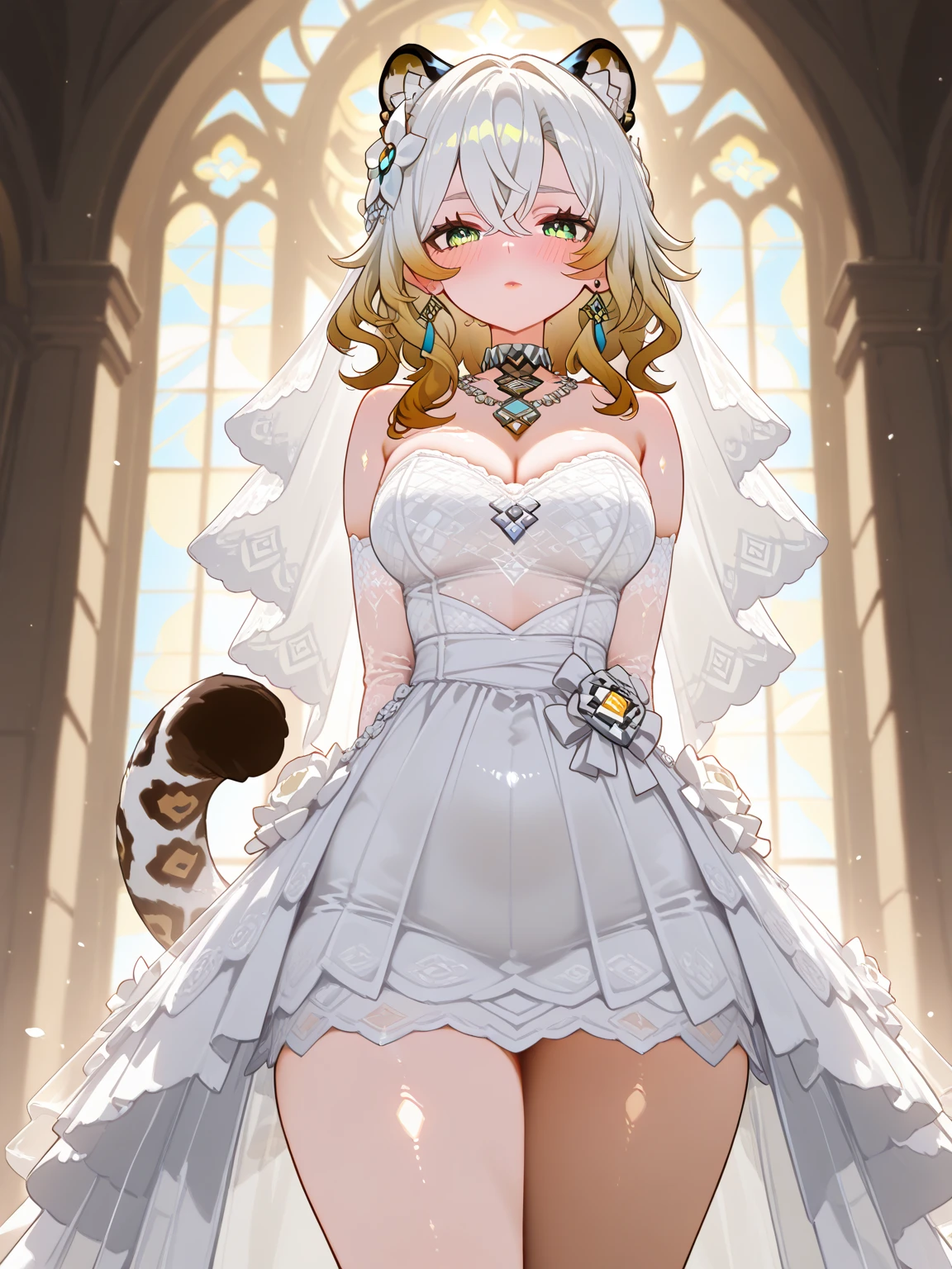 1girl, breasts, 1 girl, solo, mature woman, Xilonen\(genshin_impact\), medium breasts, multicolored hair, blonde hair, green eyes, braid, animal ears, tail, leopard tail, voloptuous, thick thighs, wide hips, alternate costume, close-up, beautiful bride, beautiful wedding dress, bridal veil, transparent short veil, Blushing face, head flower, headgear, tube top wedding dress, Silk dress, strapless wedding dress, pure white dress, necklace, earrings, deep V peach heart collar wedding dress, lipstick, lace gloves, long white dress, hands behind back, church, windows, rays of light, shining, gleaming, shiny, shiny skin, shiny outfit, masterpiece, best quality, newest,