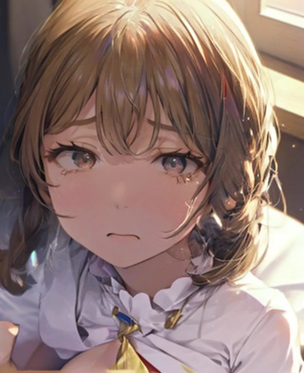 momoko suou (million live), 1 girl, Solo, Cute Girl, Best Quality, Ultra-detailed, 8K, High resolution, Detailed face, black hair, (((sitting on the train seat, sleeping, closed eyes))), (((collared blouse, blue blouse, white collar, lacy collar, white skirt))), evening sunshine through the window,