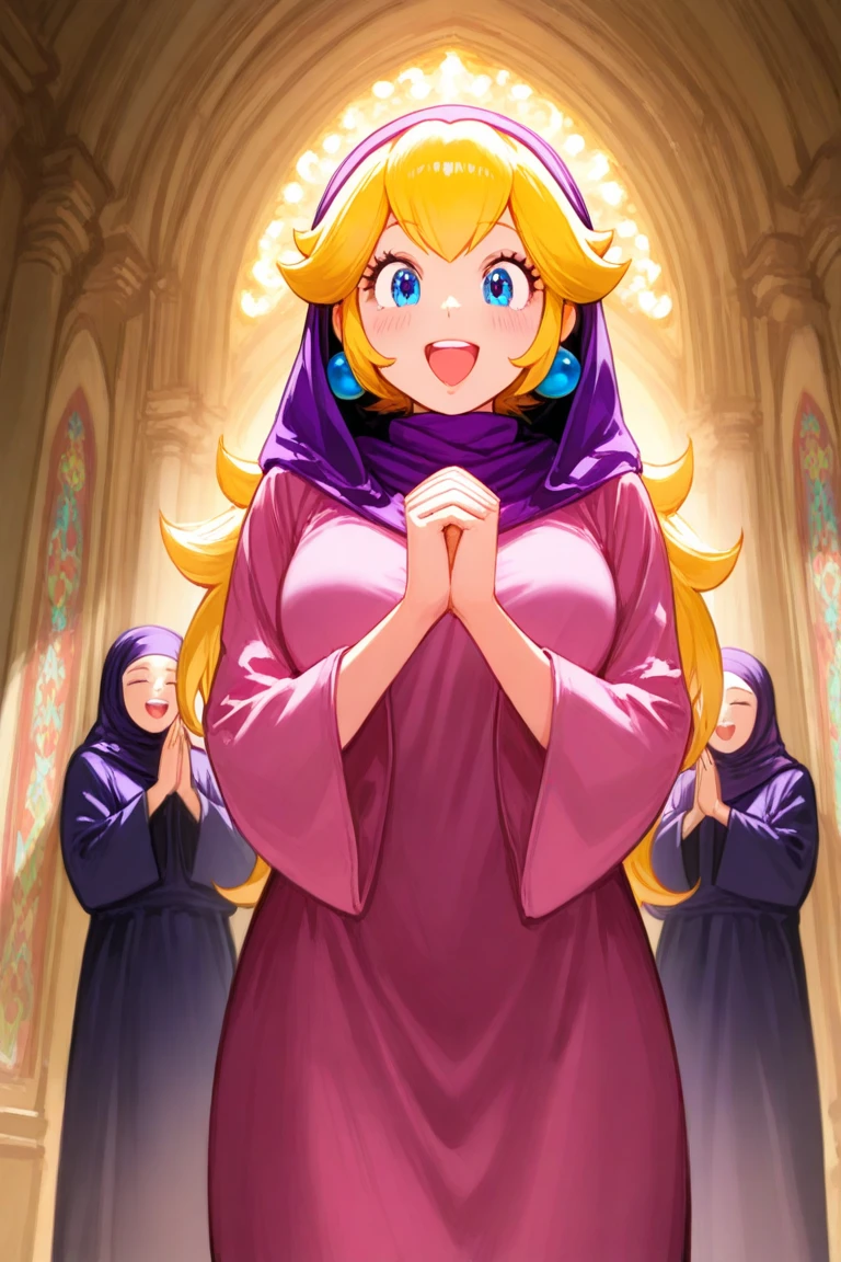 Princess peach, wearing abaya, wearing hijab, happy, excited, hands raised, up, inside mosque, muslim people praying in background 