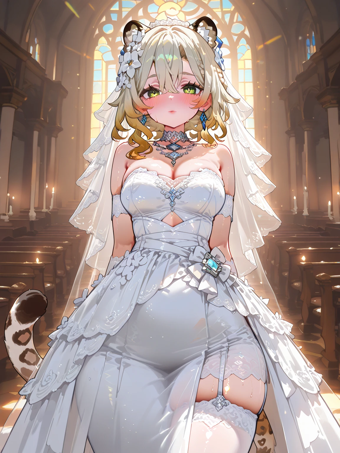 1girl, breasts, 1 girl, solo, mature woman, Xilonen\(genshin_impact\), medium breasts, multicolored hair, blonde hair, green eyes, braid, animal ears, tail, leopard tail, voloptuous, thick thighs, wide hips, alternate costume, close-up, beautiful bride, beautiful wedding dress, bridal veil, transparent short veil, Blushing face, head flower, headgear, tube top wedding dress, Silk dress, strapless wedding dress, pure white dress, necklace, earrings, deep V peach heart collar wedding dress, lipstick, lace gloves, long white dress, hands behind back, church, windows, rays of light, shining, gleaming, shiny, shiny skin, shiny outfit, masterpiece, best quality, newest,