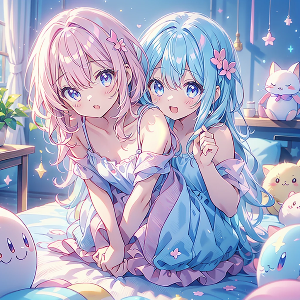 nsfw,Two Girls,Lying down,panties,Have sex,Light blue hair,Light pink hairstyles，Cat ear，Pink Eyes，light blue lolita，White socks，,Pink ribbon,Laughing with your mouth open,Best image quality,Highest quality