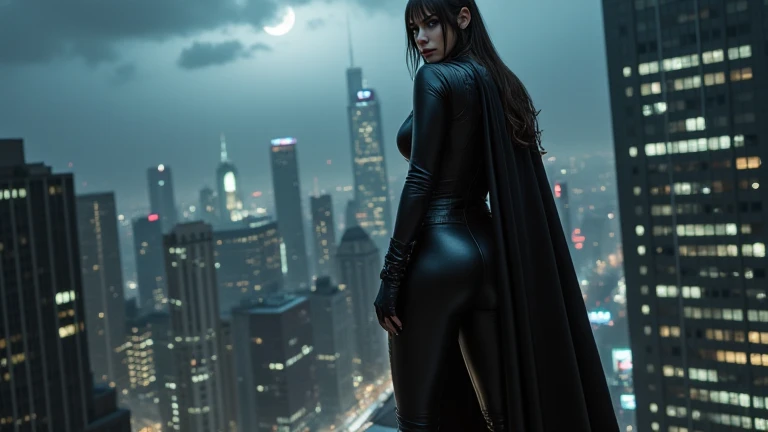 A mysterious woman in a sleek black leather suit with a long cape, standing on the edge of a skyscraper, overlooking Gotham City at night. The city below is illuminated by dim streetlights, neon signs, and the iconic Bat-Signal shining in the cloudy sky. A moody, dark atmosphere with rain falling gently.