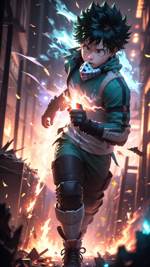 A hyper-realistic 3D live action scene of full-body Izuku Midoriya from "My Hero Academia" in his green hero costume, with detailed textures on his mask and gloves. He is walking through a battle-damaged urban area filled with fire, smoke, and debris, with flashes of his green One For All energy glowing around him.
