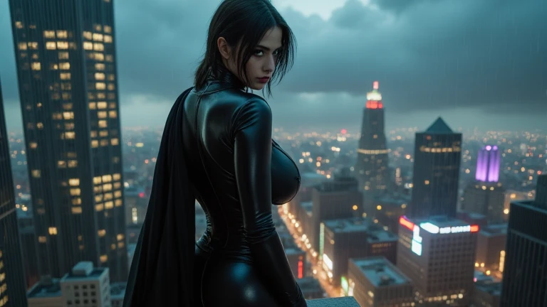 A mysterious woman in a sleek black leather suit with a long cape, standing on the edge of a skyscraper, overlooking Gotham City at night. The city below is illuminated by dim streetlights, neon signs, and the iconic Bat-Signal shining in the cloudy sky. A moody, dark atmosphere with rain falling gently.