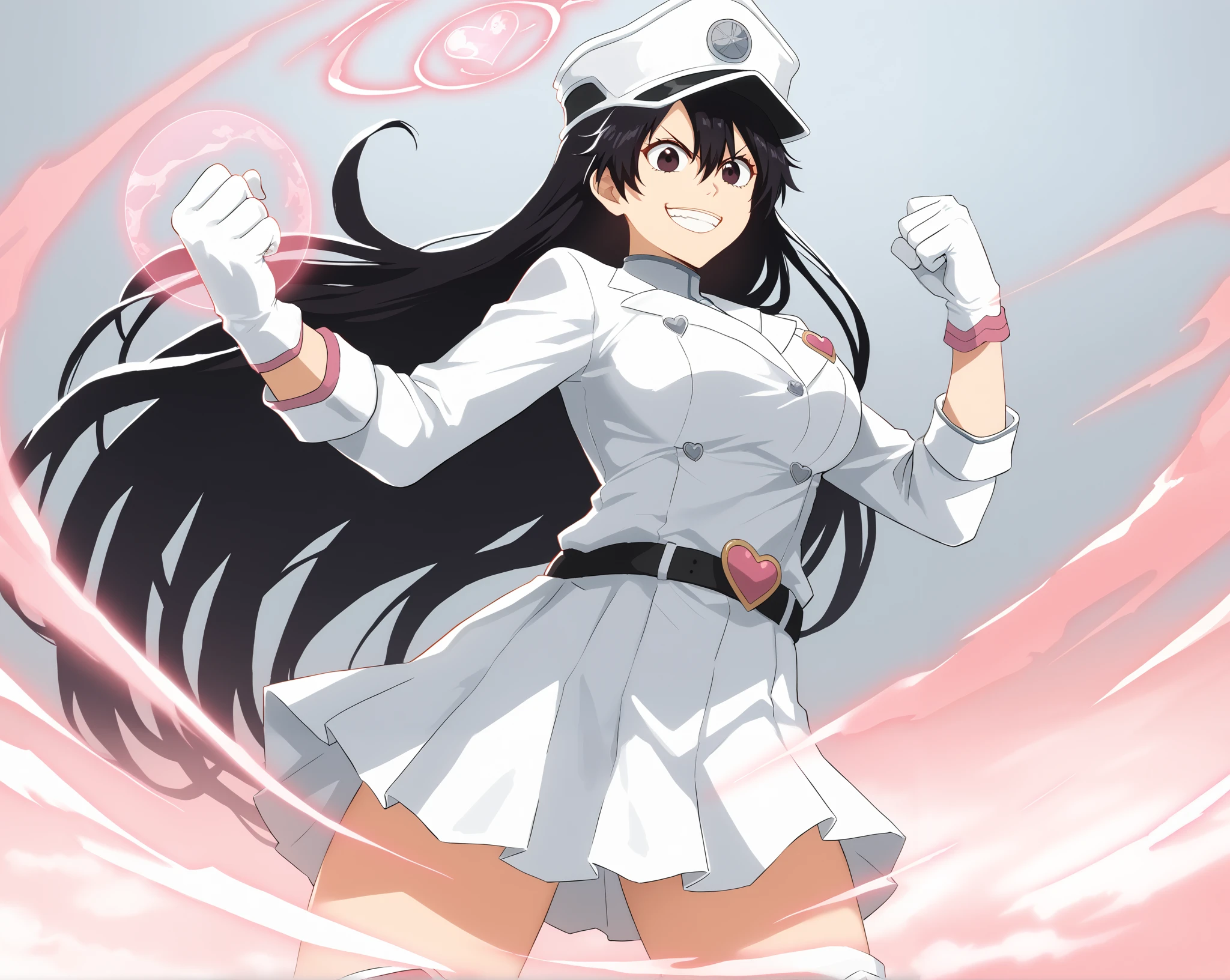 solo, 1girl, bambietta_basterbine, black hair, long hair, hair between eyes, white peaked cap, white gloves, white jacket, white skirt, black belt, heart belt buckle, pink clothing accents, white boots, large breasts, score_9, cowboy shot, grin, evil smile, fighting stance, floating hair, energy ball, tsurime, from below, hands up
  