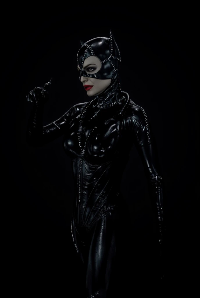  Ultra High Definition, 4k,  ultra detailed,  film dust ,  a photograph of Catwoman ,  a woman in a cat suit posing for a Tim Burton-style photo, 1 girl, Alone, breasts,  upper body, Lips, body, make-up, mask, Lipstick,  Black background, tight skin,  realistic , Black Body, latex, black theme, claws,  1990's, on one side, red Lips , epic,  beautiful lighting , inspiring

INFO 
