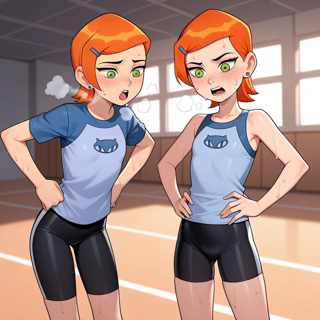 masterpiece, best quality, high quality, Gwen_Tennyson, 1girl, solo, orange hair, short hair, green eyes, earrings, white shoes, cowboy shot, gym background, dark blue tanktop, black bike shorts, tight shorts, sweaty, exhuasted, tired expression, out of breath, hands on hips, open mouth, sweating perfously, steam coming out of mouth