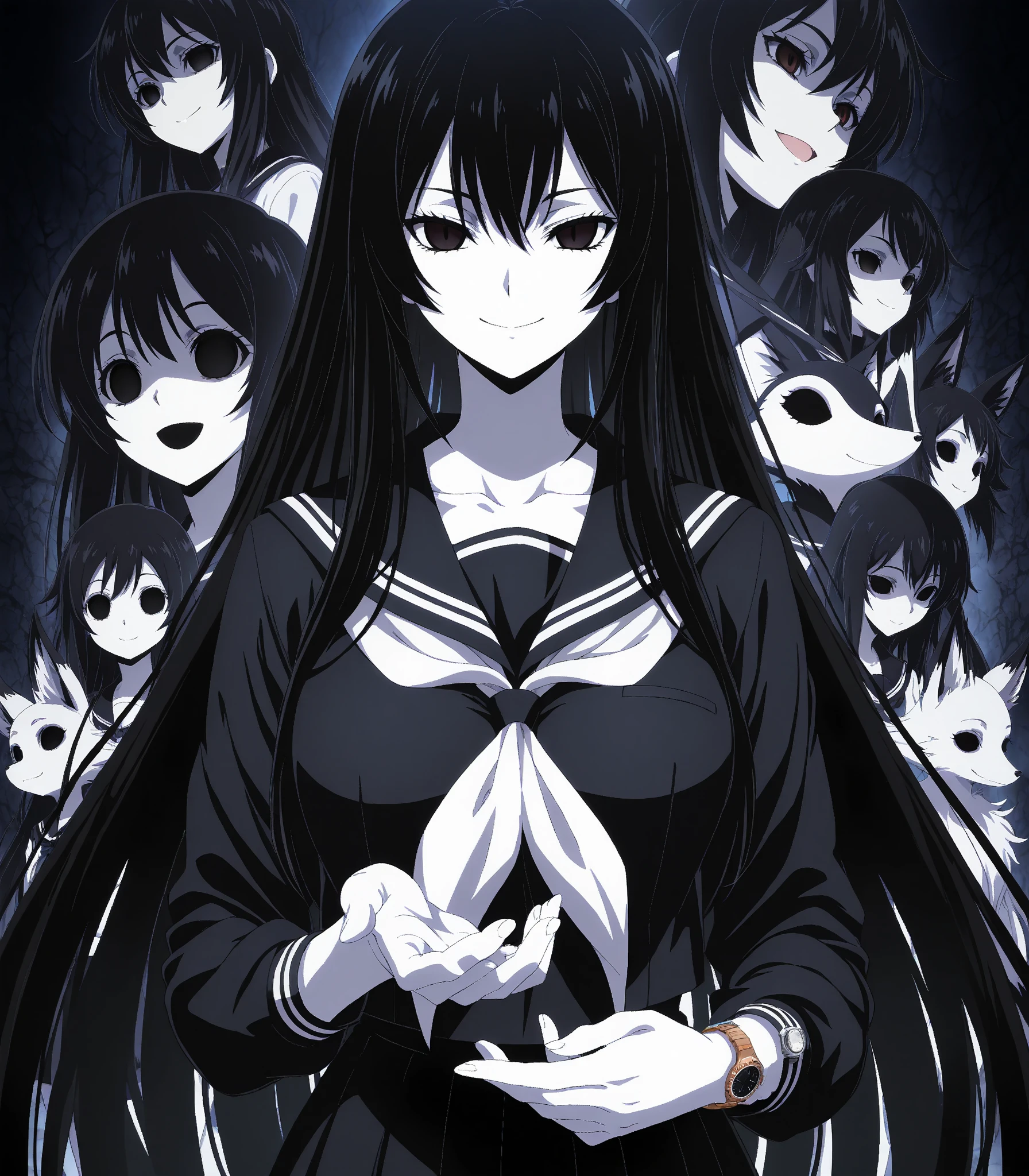 Feather Fox,Alone,monochrome girl, dark eyes,Shadowy Face, Hollow Eyes , black hair,青 white skin,  white skin,  touch very long hair , One Girl , Watch Viewers ,smile, school uniform,Black Sailor Suit,
,masterpiece, top quality, great quality ,   anime screen cap ,