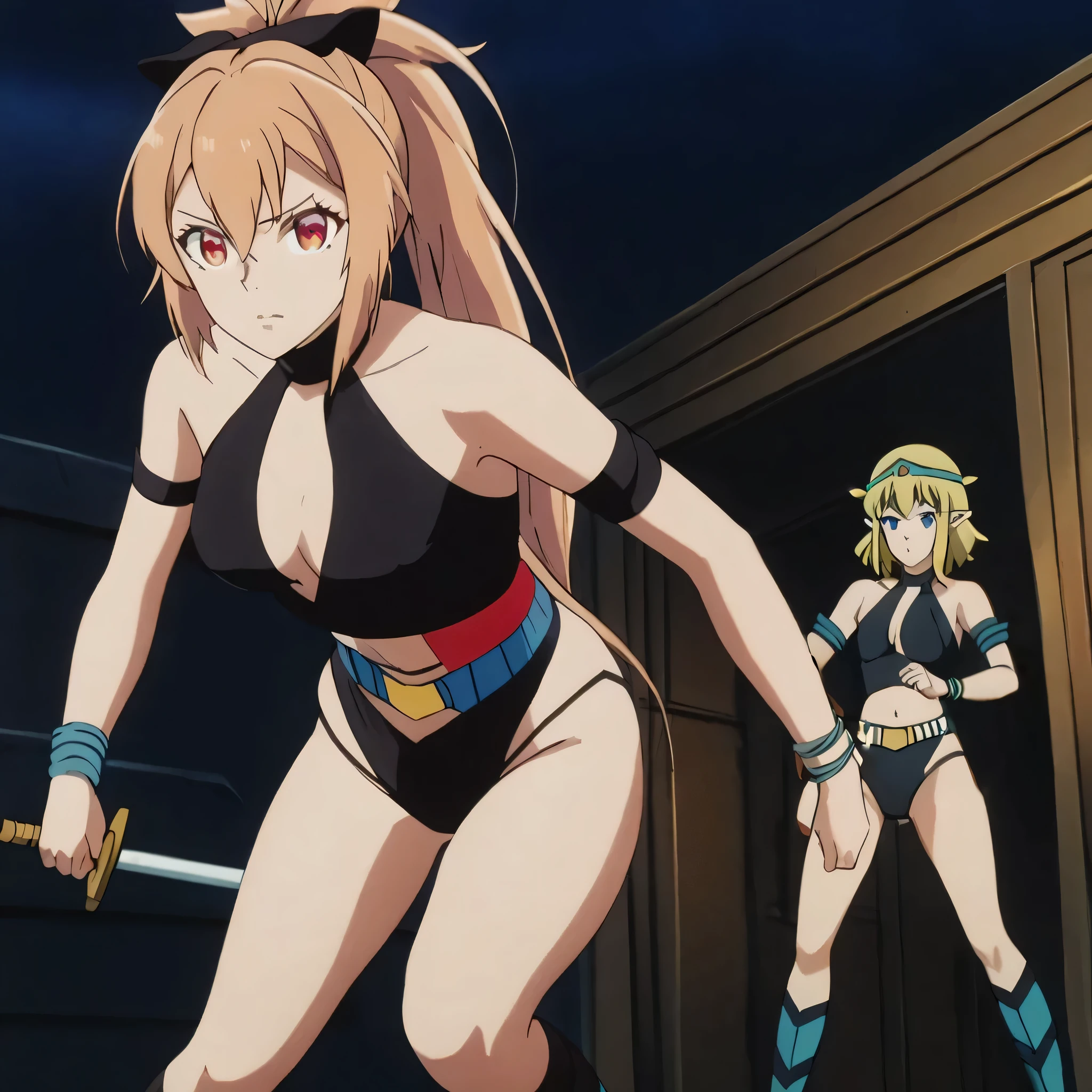 (((Masterpiece))), (((Best Quality))), ((Super Detail)), ultra-High resolution, score_9,score_8_up,score_7_up,score_6_up,score_5_up,score_4_up, BREAK, source_anime, anime screencap, uncensored, rating_explicit, Masterpiece, curvy, dark persona, empty eyes, expressionless, blank eyes, looking at viewer, full body, emotionless, Fighting Stance, shmnmzg3r, horizontal pupils, black leotard, clothing cutout, high heel boots, knee boots, circlet, armlet, bracelet, belt, halterneck, (((solo, 1girl))), hair ornament, small breast, ryu lion, green hair, blonde hair, blue eyes, elf, hair between eyes, pointy ears, short hair,