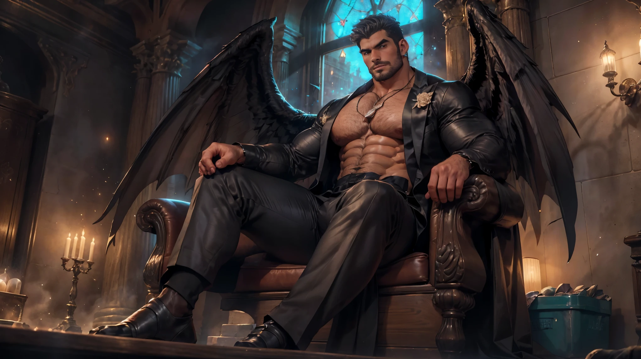 ((character alone)) ((masterpiece)) ((4k resolution)) ((Whole body)) ((dark angel)) 30 year old man, Light brown hair, short hair, eyes the color of honey, bright Eyes, male face, three-day unshaven beard, intense and seductive look, with angel wings, black wings, muscled body, thick muscle, pectoral display, ((body hair++)), shirtless, Black pants, necklace with an emerald pendant. scene: 1950s detective office.
