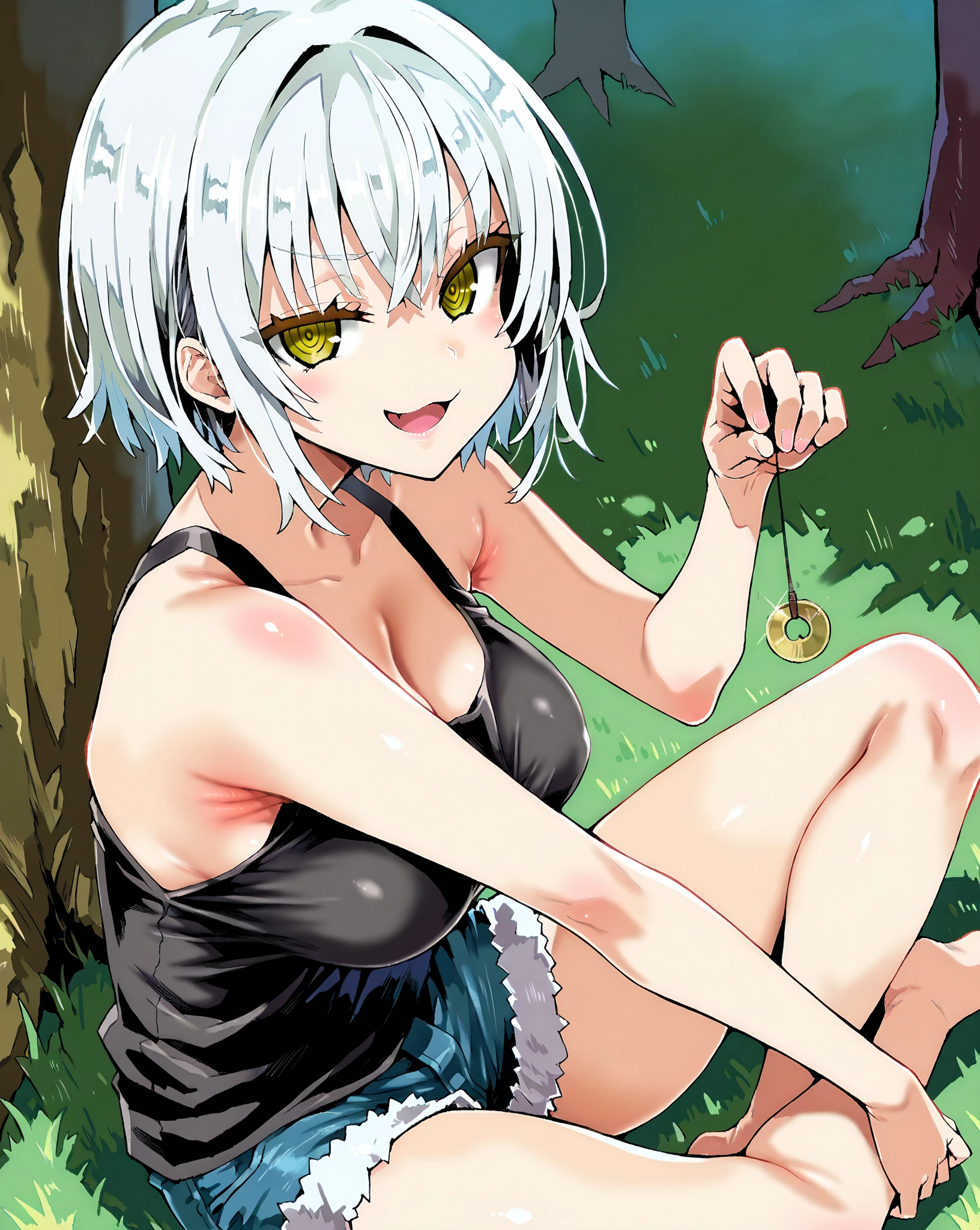 score_9, score_8_up, score_7_up, 1girl,solo, style asanagi, seduce,seductive, beautiful smile, smirk, breasts, medium breasts, under a tree, she is holding a pendulum in one hand \(hypnotist holding a pendulum\), ((holding pendulum)), holding string, perfect hands, one hand up,, bare hands, tank top, denim shorts, side view, turning side, armpit focus, open mouth, smirk, looking at viewer, sitting on grass, sitting (indian style), one leg up, masterpiece, high quality, absurd resolution, beautiful hands, ringed eyes, rainaygo, duel monster, short hair, white hair