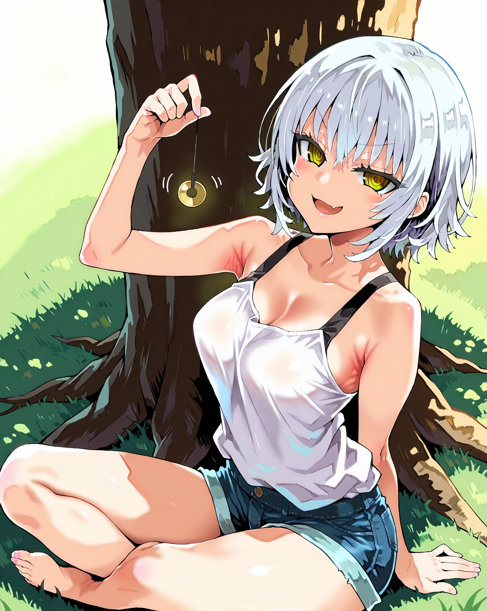 score_9, score_8_up, score_7_up, 1girl,solo, style asanagi, seduce,seductive, beautiful smile, smirk, breasts, medium breasts, under a tree, she is holding a pendulum in one hand \(hypnotist holding a pendulum\), ((holding pendulum)), holding string, perfect hands, one hand up,, bare hands, tank top, denim shorts, side view, turning side, armpit focus, open mouth, smirk, looking at viewer, sitting on grass, sitting (indian style), one leg up, masterpiece, high quality, absurd resolution, beautiful hands, ringed eyes, rainaygo, duel monster, short hair, white hair