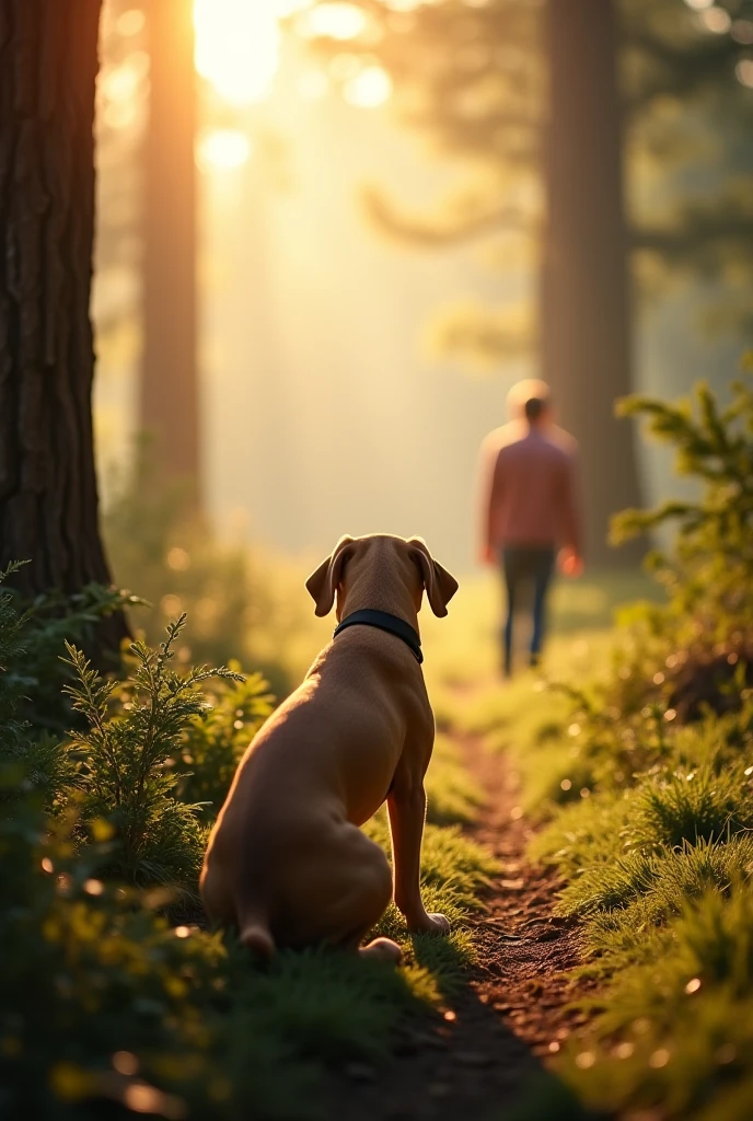 Image Prompt
A beautiful scene where a loyal dog is searching for his owner in the forest, with trees, bushes, and sunlight filtering through as if there is a ray of hope. In the background, a blurry figure (the owner) is calling out from a distance