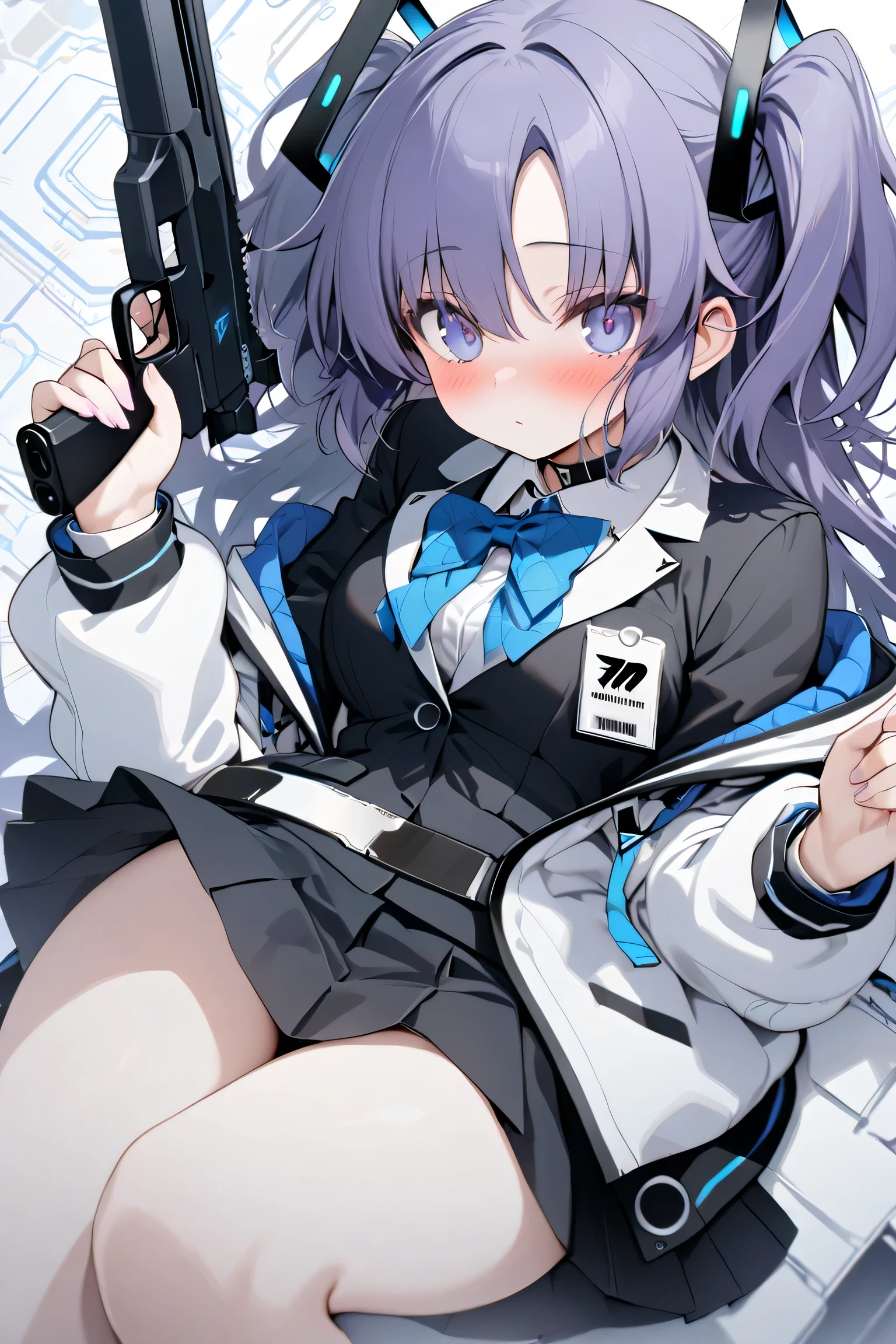 ,1 girl,(((Hayase Yuuka))), HD, top quality,Blue archive, Blue-purple twin-tail ,The tip of the jacket is slightly curled , the hair is divided on the sides , the bangs are slightly long and hang over the eyes ,Bright blue eyes, school uniform,chest, the collar of the jacket is accented, the bow is tied to the chest , slim, stylish, thighs, (((hold a gun in one's hands))), blush,mechanical background,