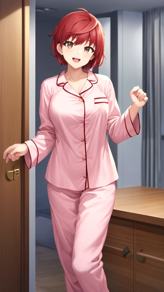 masterpiece, best quality, highres, girl, solo, looking at viewer, enjou_retto, Red hair, Brown Eyes, large breasts, pajamas, standing, smile, open mouth 