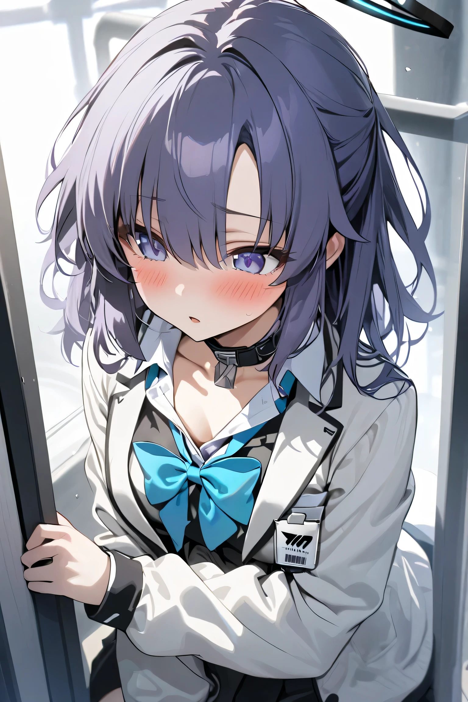 ,1 girl,(((Hayase Yuuka))), HD, top quality,Blue archive, Blue-purple twin-tail ,The tip of the jacket is slightly curled , the hair is divided on the sides , the bangs are slightly long and hang over the eyes ,Bright blue eyes, school uniform,chest, the collar of the jacket is accented, the bow is tied to the chest , slim, stylish, thighs, hold a gun in one's hands, blush,mechanical background,