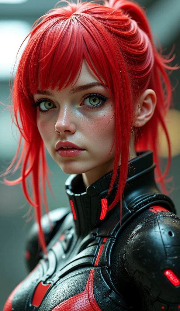 a red hat cyborg girl, ((((cinematic look)))), soothing tones, insane details, intricate details, hyperdetailed, exposure blend, hdr, freckles