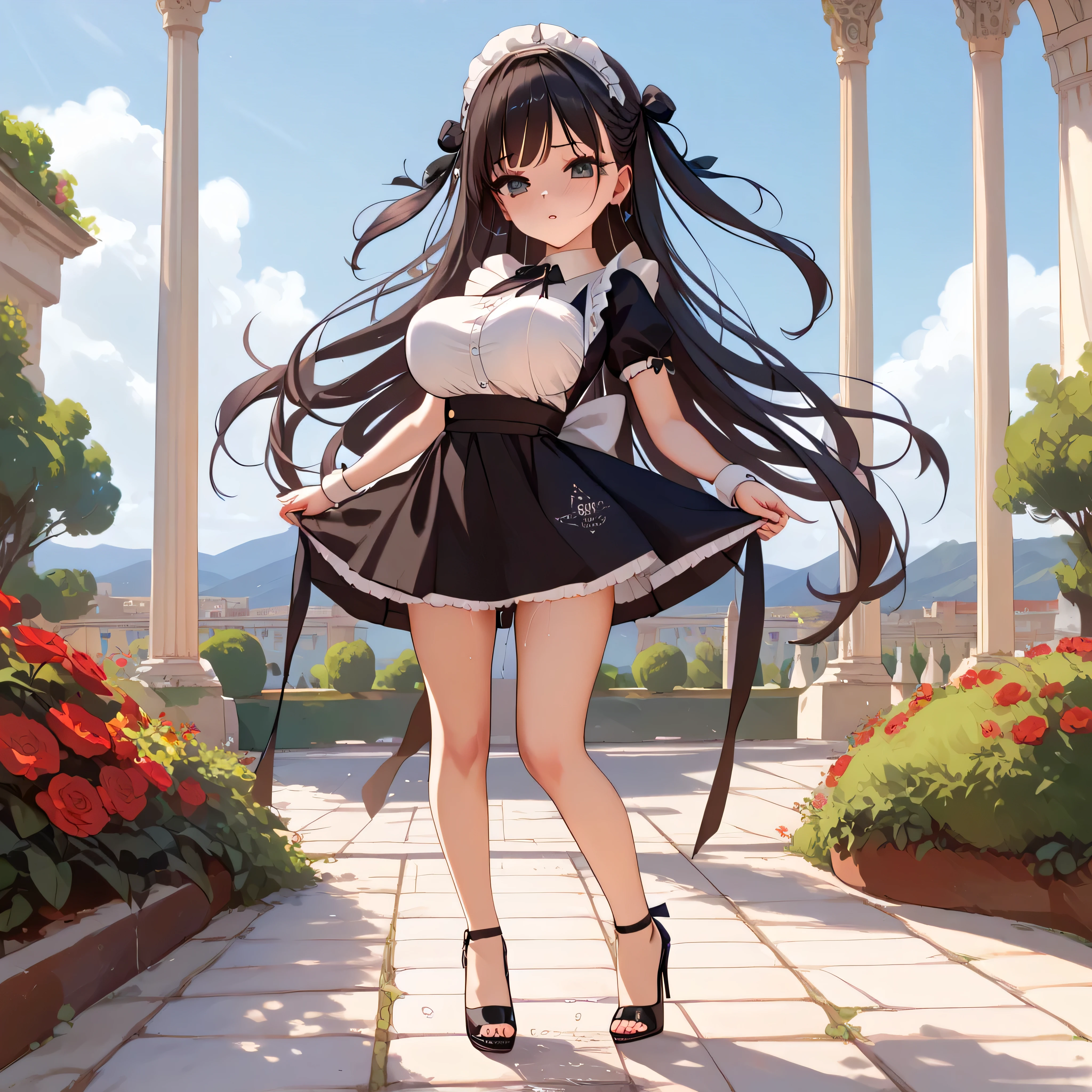 hall of royal palace, landscape, BREAK, beautiful detailed face, ultra high resolution, masterpiece, BREAK, (solo), skinny, 1 petite maid standing, tiptoe, curtsey, (both hands lifting short skirt up to both sides:1.2), arched back, (bouncing breasts), looking at viewer, BREAK, (large breasts), (too short torso:1.3), (too short waist:1.2), (too narrow waist:1.3), (skinny waist), (skinny legs), (very long legs:1.2), BREAK, (short maid dress:1.3), (black too short skirt:1.5), stiletto heels, BREAK, nsfw, (show off white panty:1.2), pussy juice, orgasm