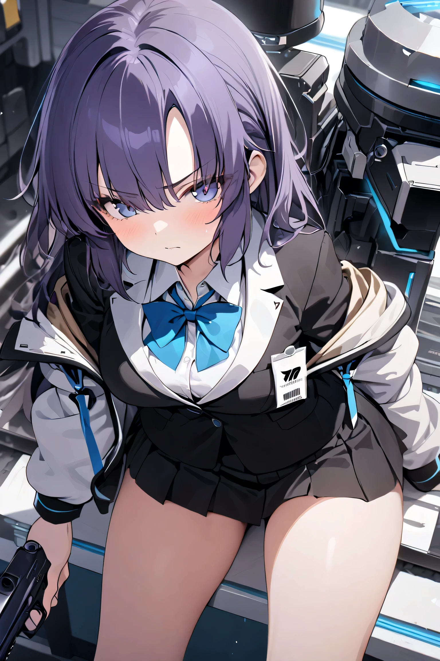 ,1 girl,(((Hayase Yuuka))), HD, top quality,Blue archive, short blue-purple hair ,The tip of the jacket is slightly curled , the hair is divided on the sides , the bangs are slightly long and hang over the eyes ,Bright blue eyes, school uniform,chest, the collar of the jacket is accented, the bow is tied to the chest , slim, stylish, thighs, and hold up your gun, serious face,mechanical background,