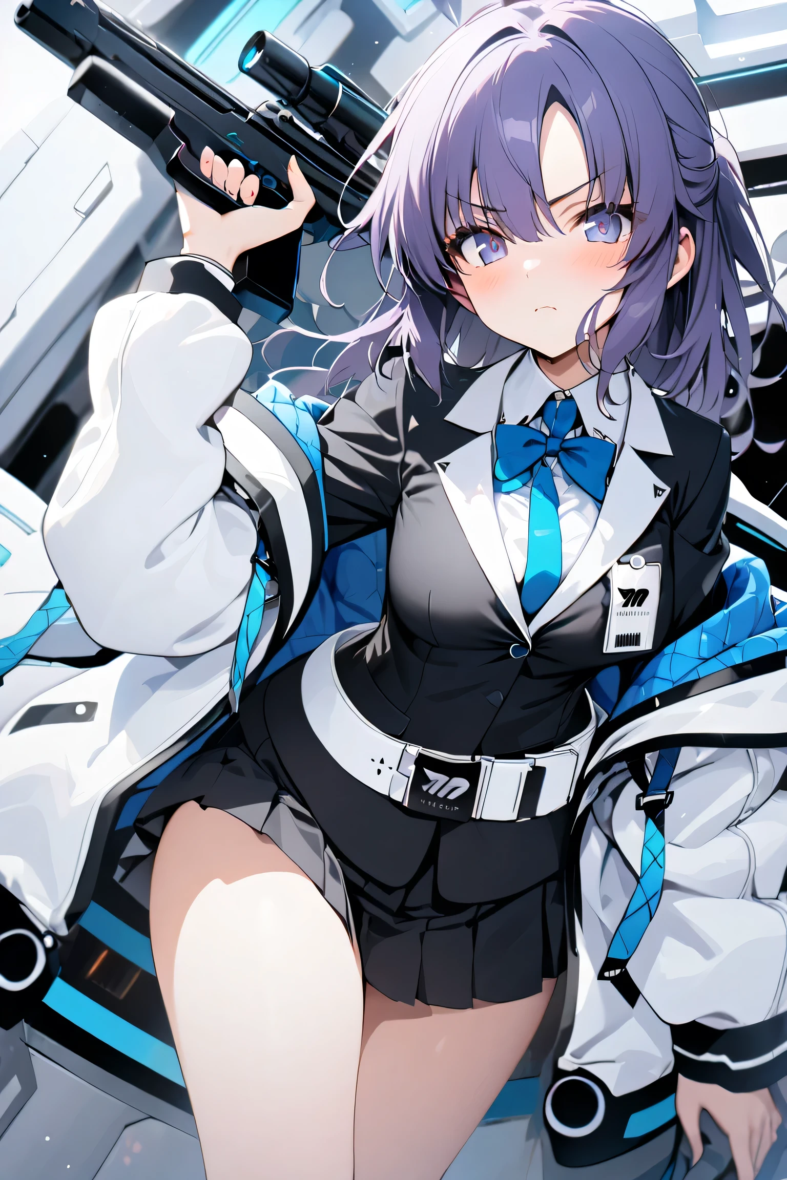 ,1 girl,(((Hayase Yuuka))), HD, top quality,Blue archive, short blue-purple hair ,The tip of the jacket is slightly curled , the hair is divided on the sides , the bangs are slightly long and hang over the eyes ,Bright blue eyes, school uniform,chest, the collar of the jacket is accented, the bow is tied to the chest , slim, stylish, thighs, and hold up your gun, serious face,mechanical background,