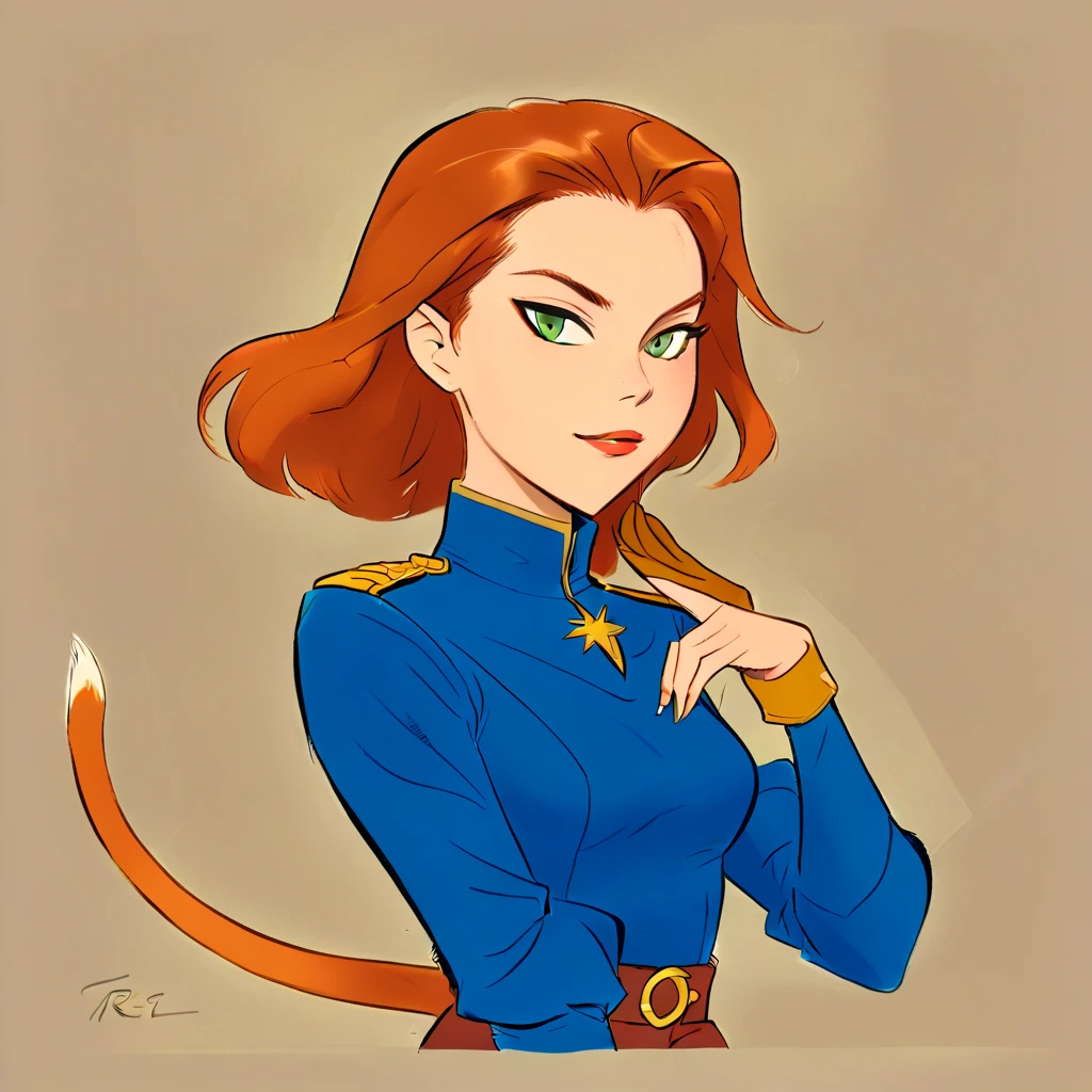 Captain Amelia (from Treasure Planet) in a minimal line drawing. Captain Amelia is a tall, slender, anthropomorphic feline with reddish-brown fur, green eyes, and a commanding presence. She has long, pointed ears, wears a blue captain's uniform with gold accents, and exudes confidence and grace. The scene features cel-shaded lines only, capturing her in an elegant and dynamic pose.
