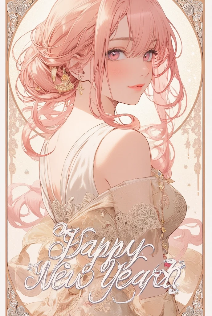 (poster, write "HAPPY NEW YEAR" and "2025" in calligraphy:1.4), 1 girl, 28 years old, (curvy:1.2), (medium hair, asymmetry bangs:1.2), (forehead:1.2), (pink hair, large breasts, pink eyes), Alphonse Mucha Style, AM Style, Art Nouveau Poster