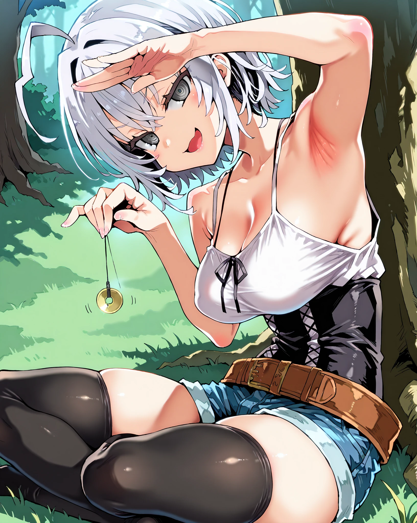 score_9, score_8_up, score_7_up, 1girl,solo, style asanagi, seduce,seductive, beautiful smile, smirk, breasts, medium breasts, under a tree, she is holding a pendulum in one hand \(hypnotist holding a pendulum\), ((holding pendulum)), holding string, perfect hands, one hand up,, bare hands, tank top, denim shorts, side view, turning side, armpit focus, open mouth, smirk, looking at viewer, sitting on grass, sitting (indian style), one leg up, masterpiece, high quality, absurd resolution, beautiful hands, ringed eyes, rainaygo, duel monster, short hair, white hair, ahoge, grey eyes, corset, brown belt, black thighhighs,