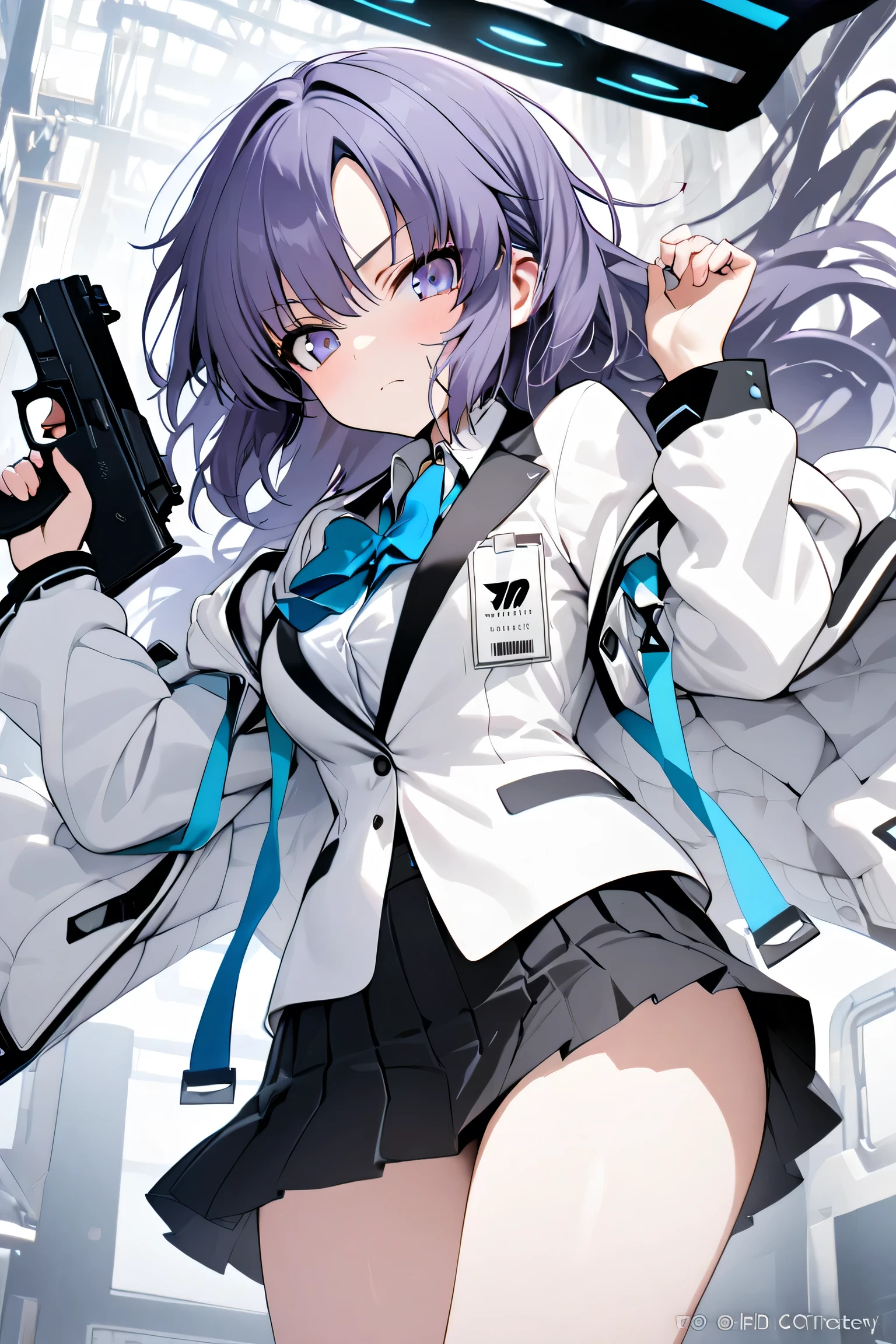 ,1 girl,(((Hayase Yuuka))), HD, top quality,Blue archive, Long blue-purple hair ,The tip of the jacket is slightly curled , the hair is divided on the sides , the bangs are slightly long and hang over the eyes ,Bright blue eyes, school uniform,chest, the collar of the jacket is accented, the bow is tied to the chest , slim, stylish, thighs, and hold up your gun, serious face,mechanical background,