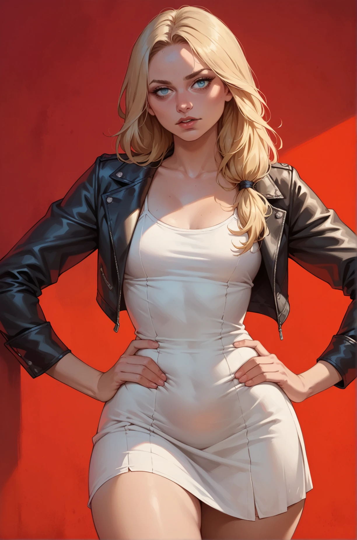 score_9, score_8_up, score_7_up, cartoon of a girl, solo, sexy, slutty, blue eyes, long blonde hair, leather jacket, white sundress, small breast, visible thighs, grabbing hips, moody and gritty, pov, from front, bright red background