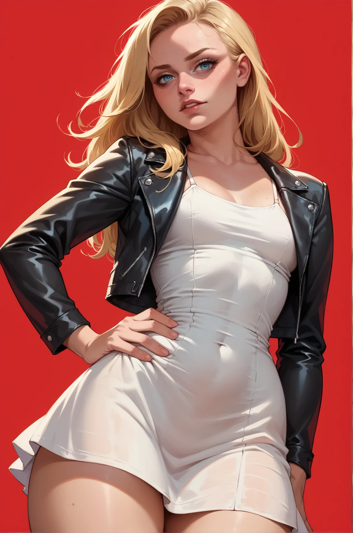 score_9, score_8_up, score_7_up, cartoon of a girl, solo, sexy, slutty, blue eyes, long blonde hair, leather jacket, white sundress, small breast, visible thighs, grabbing hips, moody and gritty, pov, from front, bright red background