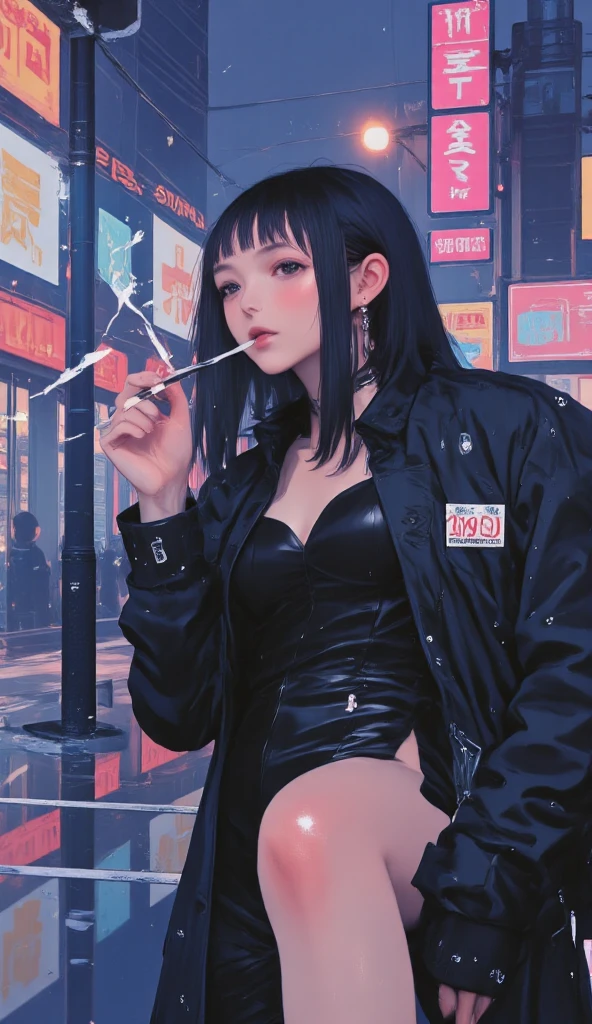 (  masterpiece,  better quality,  high resolution, 32k wallpaper,  extremely detailed CG  :1), (Very detailed and perfect illustration . . :1.0), ((A young and beautiful woman from Cyberpunk  ,  dynamic and sensual pose  ,  resting on a wall with one leg resting on the wall  : 1.5,  Head tilted forward lighting a cigarette  : 1.4, illuminated by cigarette light on his face  )),((cyberpunk clothing, leather upper pants with ornaments and bright colors Cyberpunk nightlife)), neon signs, Futuristic cars, dark place,  heavy rain  , ((wet clothes,  magenta neon lights that perfectly illuminate the young man  :1.45).