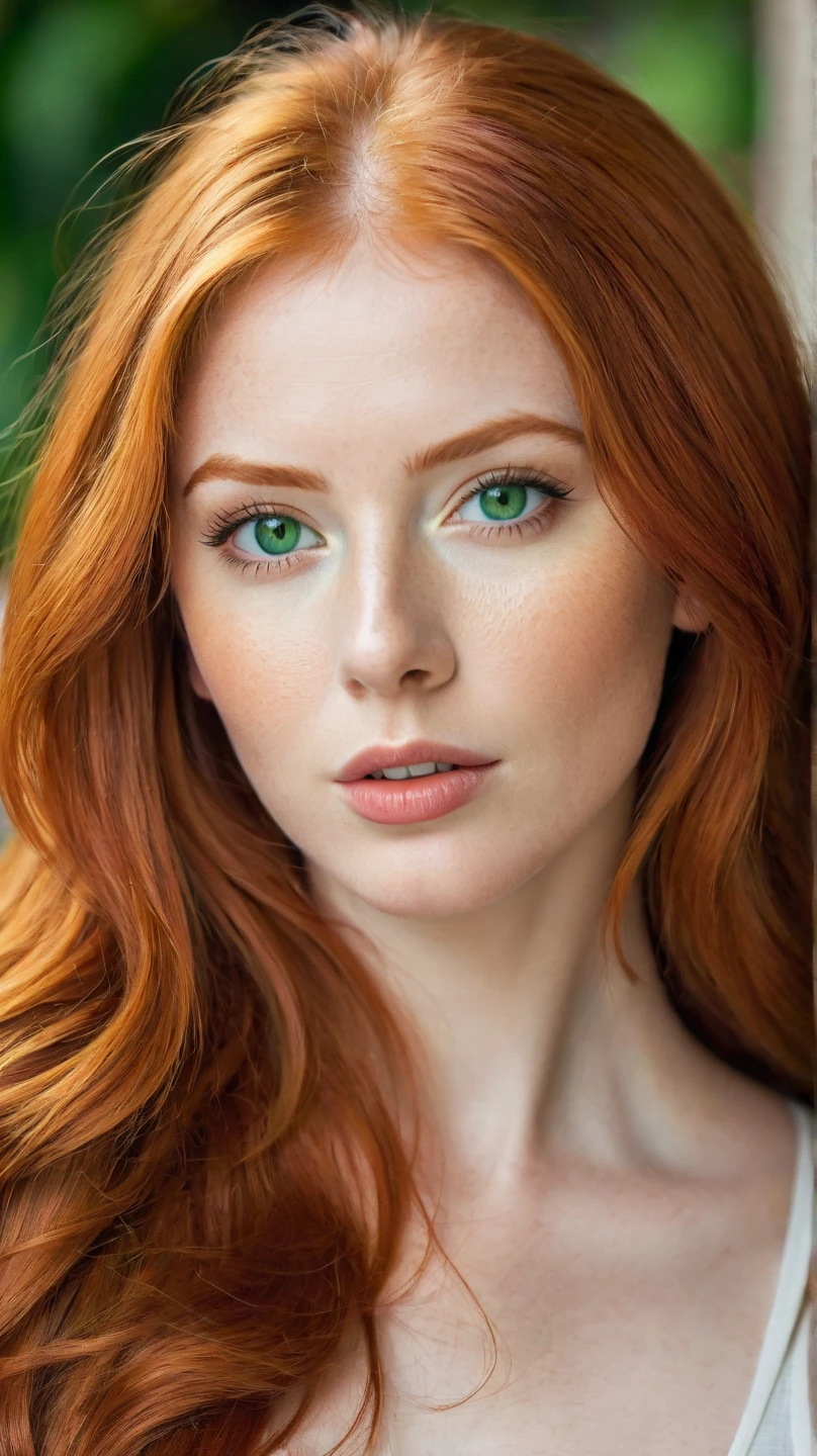 Beautiful lady red hair green eyes in low-cut dress, (ultra detailed, absolutely resolution, best quality:1.3), 2.5D, delicate and dynamic, artistic photography, hyper realistic, graphic CG digital art