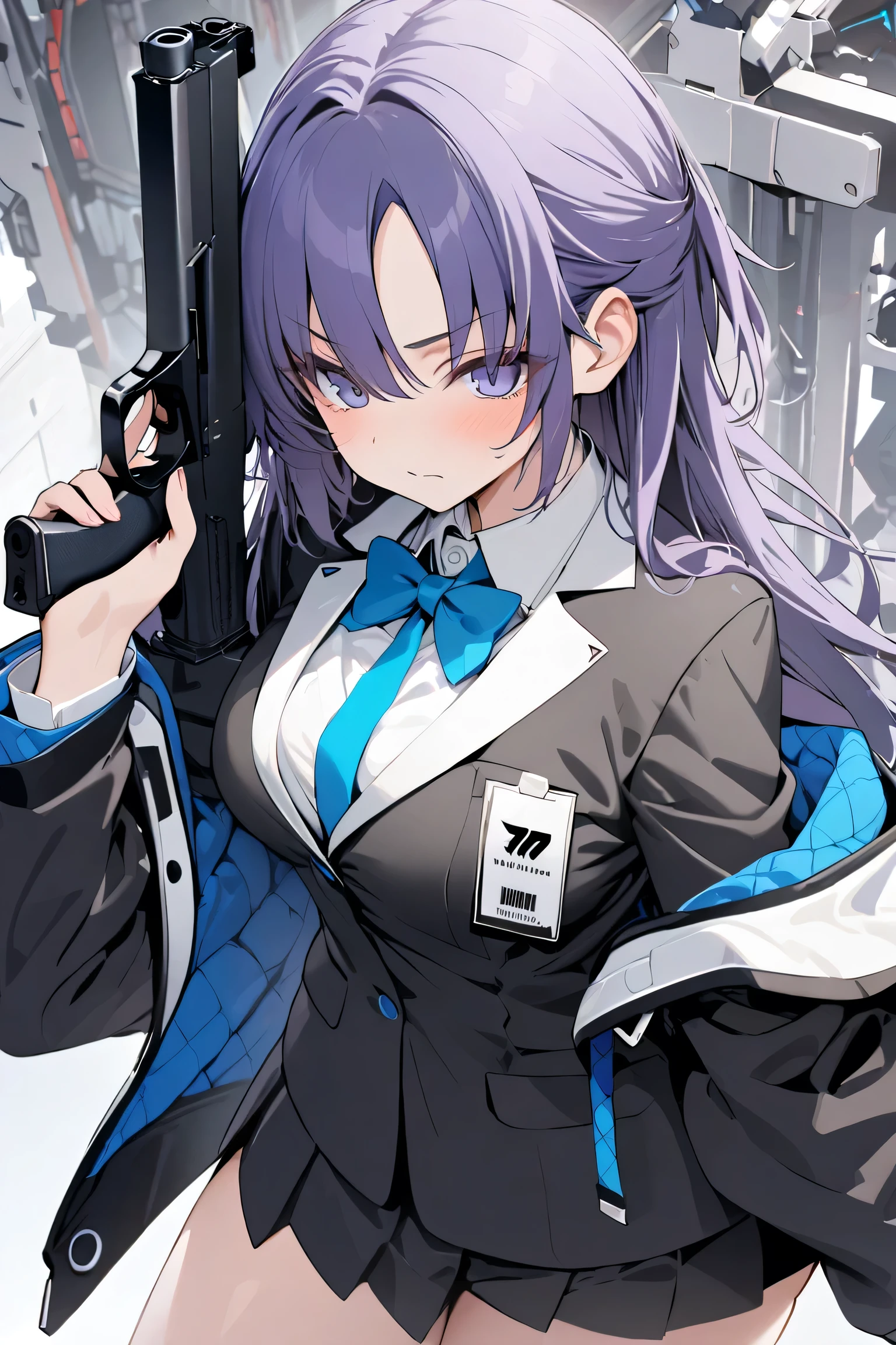 ,1 girl,(((Hayase Yuuka))), HD, top quality,Blue archive, Long blue-purple hair ,The tip of the jacket is slightly curled , the hair is divided on the sides , the bangs are slightly long and hang over the eyes ,Bright blue eyes, school uniform,chest, the collar of the jacket is accented, the bow is tied to the chest , slim, stylish, thighs, and hold up your gun, serious face,mechanical background,