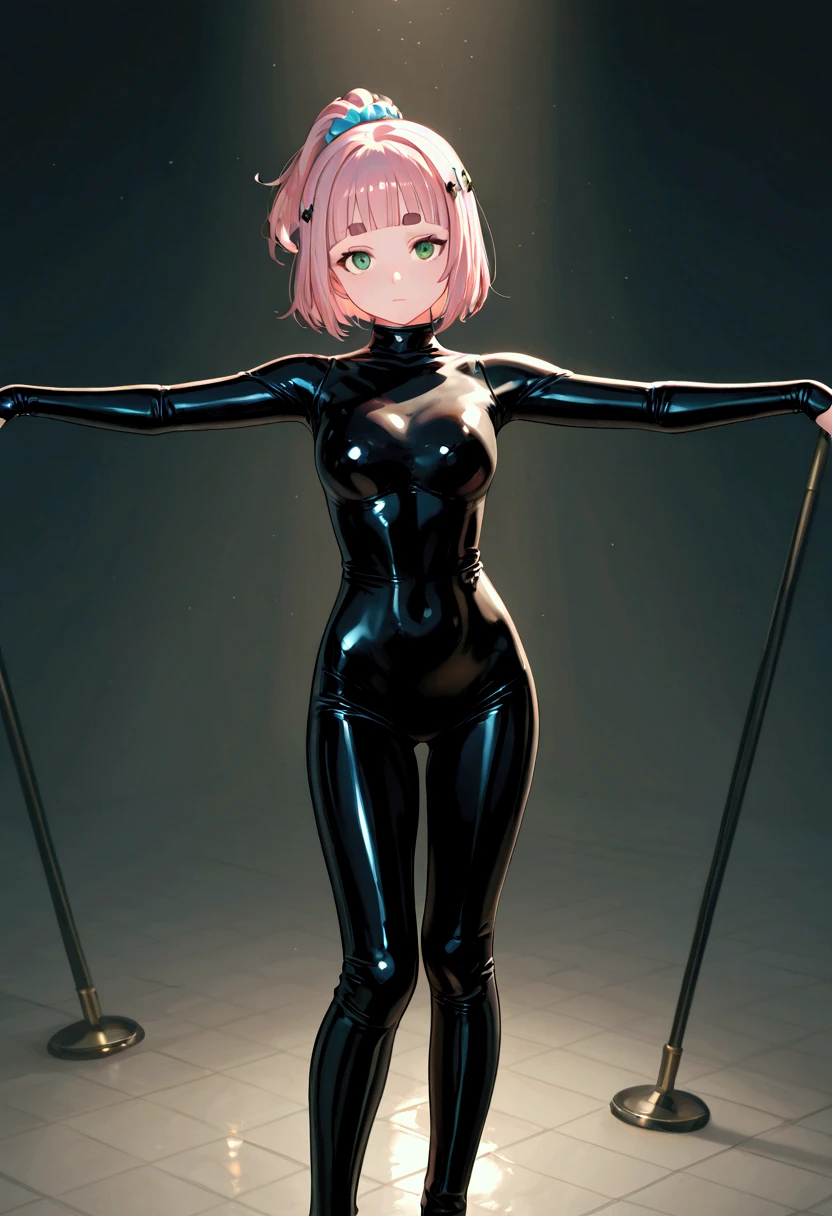  takami chika, medium hair, dark pink hair, standing, sporty athletic build, vibrant colors, RUKIA Style, ahoge, blush, braid, side braid, aroused, split mouth, black shiny leotard, black shiny elbow gloves, black shiny thighhighs, purple clothes edges, holding neon sword,half open eyes, unbalanced,off guard,front view,latex clothes