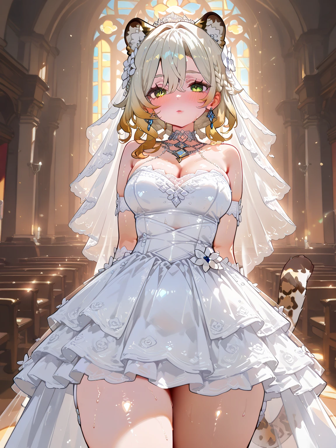 1girl, breasts, 1 girl, solo, mature woman, Xilonen\(genshin_impact\), medium breasts, multicolored hair, blonde hair, green eyes, braid, animal ears, tail, leopard tail, voloptuous, thick thighs, wide hips, alternate costume, close-up, beautiful bride, beautiful wedding dress, bridal veil, transparent short veil, Blushing face, head flower, headgear, tube top wedding dress, Silk dress, strapless wedding dress, pure white dress, necklace, earrings, deep V peach heart collar wedding dress, lipstick, lace gloves, long white dress, hands behind back, church, windows, rays of light, shining, gleaming, shiny, shiny skin, shiny outfit, masterpiece, best quality, newest,